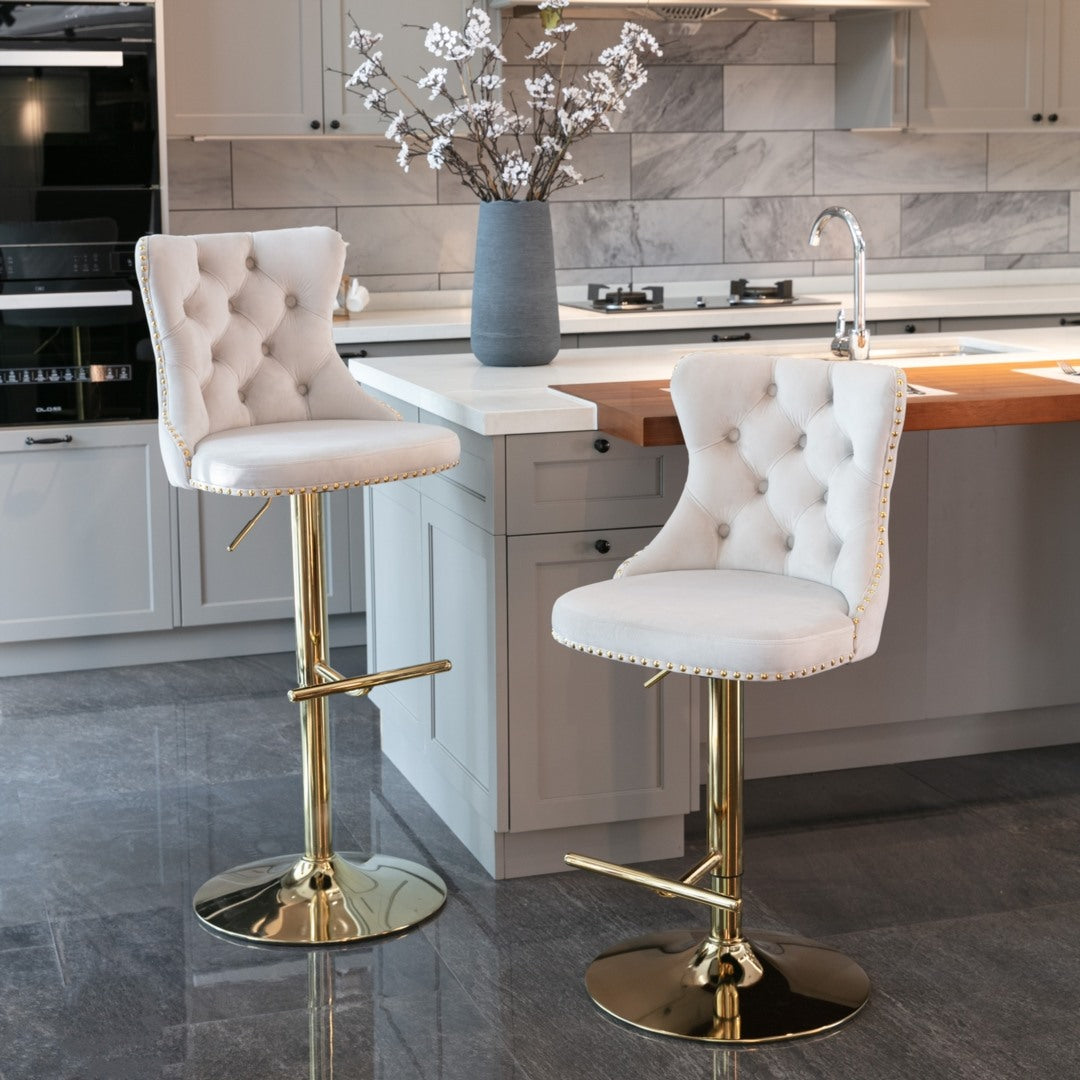 4X Height Adjustable Swivel Bar Stool Velvet Studs Barstool With Footrest And Golden Base- Beige