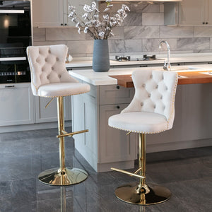 2X Height Adjustable Swivel Bar Stool Velvet Studs Barstool With Footrest And Golden Base- Beige