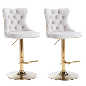 2X Height Adjustable Swivel Bar Stool Velvet Studs Barstool With Footrest And Golden Base- Beige