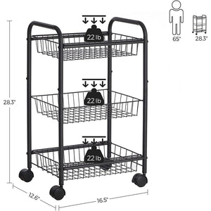 Songmics 3-Tier Metal Rolling Cart On Wheels With Removable Shelves Black Bsc03bk