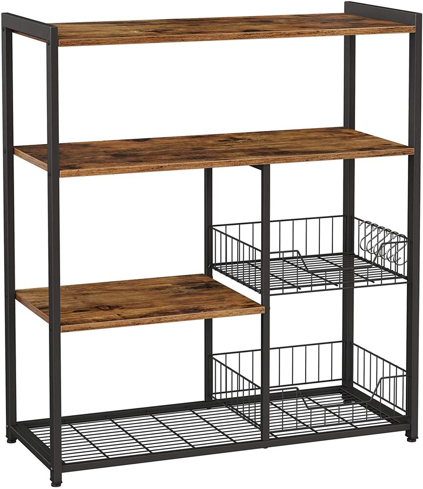 Vasagle Baker S Rack Kitchen Island With 2 Metal Mesh Baskets Shelves And Hooks Industrial Style Rustic Brown Kks96x