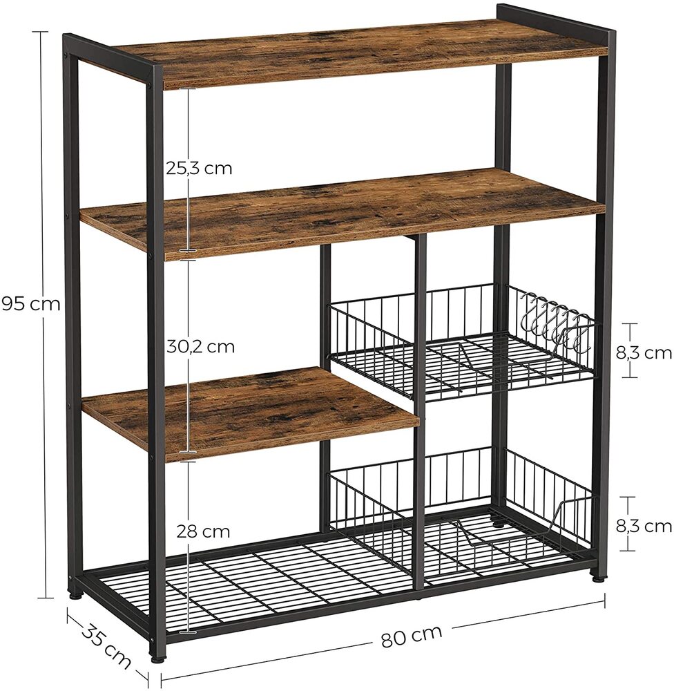 Vasagle Baker S Rack Kitchen Island With 2 Metal Mesh Baskets Shelves And Hooks Industrial Style Rustic Brown Kks96x