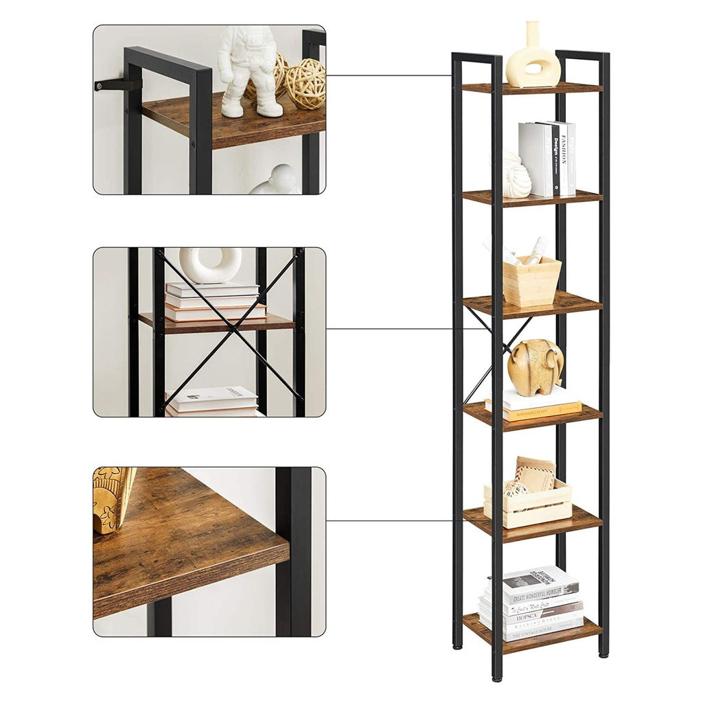 Vasagle Narrow Bookcase Small 6-Tiers Bookshelf Industrial Rustic Brown And Black