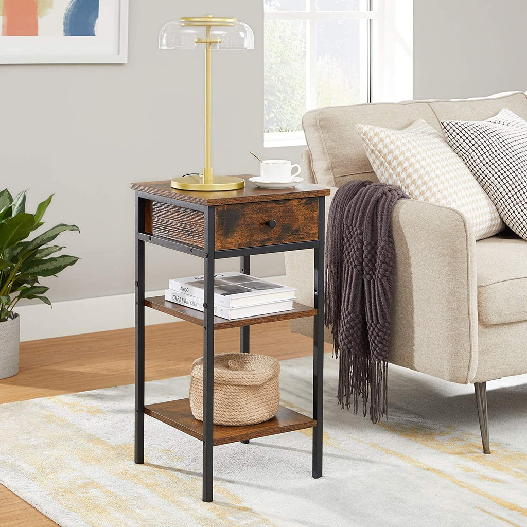 Vasagle Nightstand End Table With A Drawer And 2 Storage Shelves Industrial Rustic Brown Black