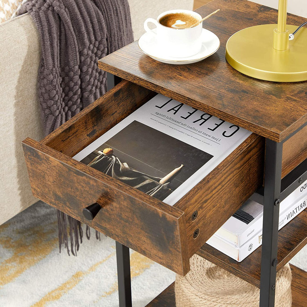 Vasagle Nightstand End Table With A Drawer And 2 Storage Shelves Industrial Rustic Brown Black