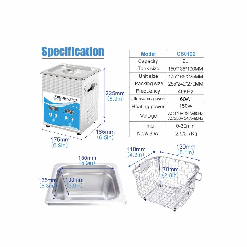 2L Digital Ultrasonic Cleaner Jewelry Sonic Bath Degas Parts Cleaning