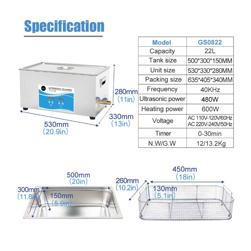 22L Digital Ultrasonic Cleaner Jewelry Sonic Bath Degas Parts Cleaning