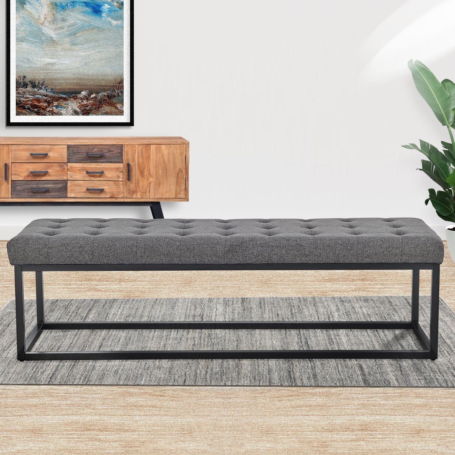 Sarantino Cameron Button-Tufted Upholstered Bench With Metal Legs Dark Grey Linen