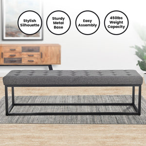 Sarantino Cameron Button-Tufted Upholstered Bench With Metal Legs Dark Grey Linen