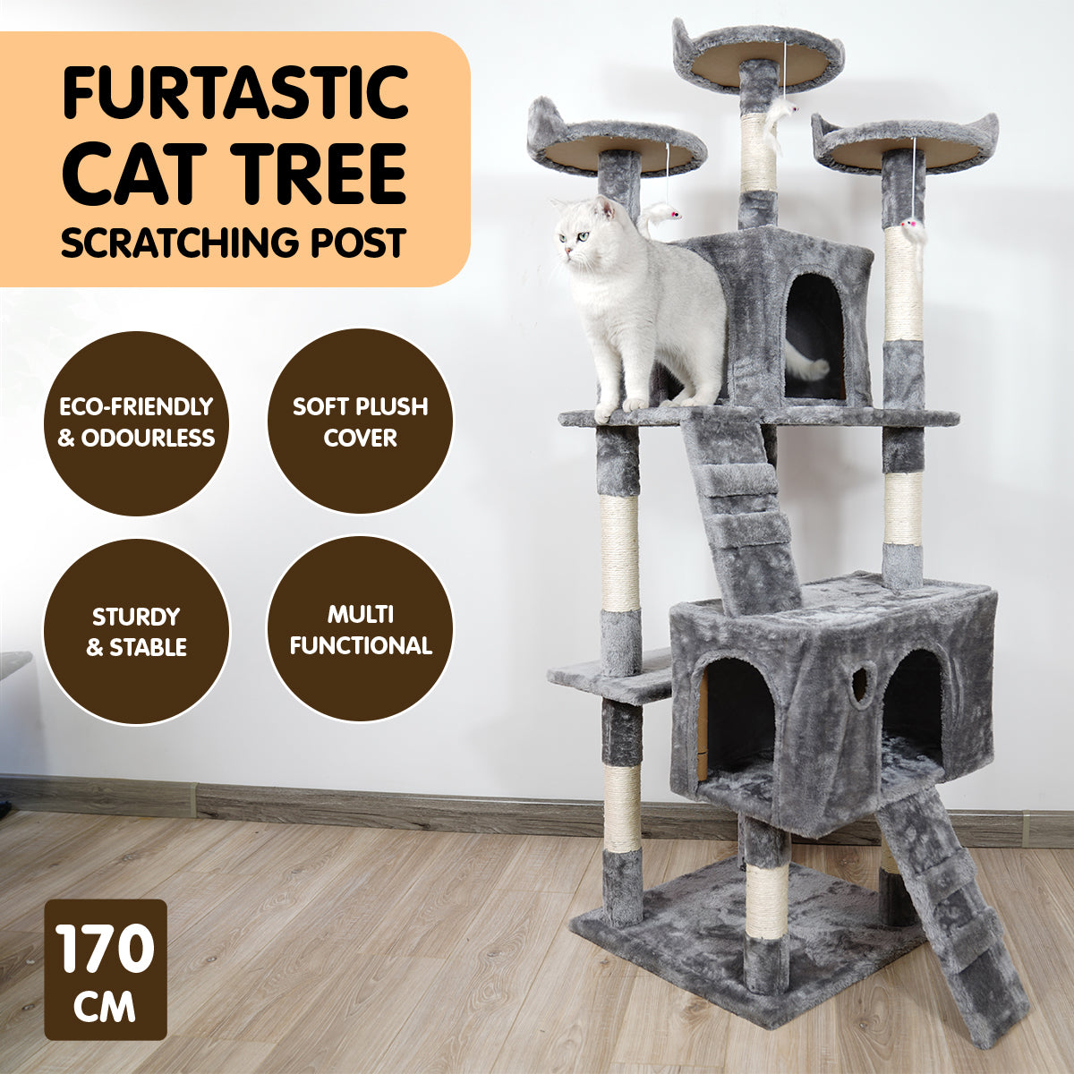 Furtastic 170Cm Cat Tree Scratching Post - Silver Grey