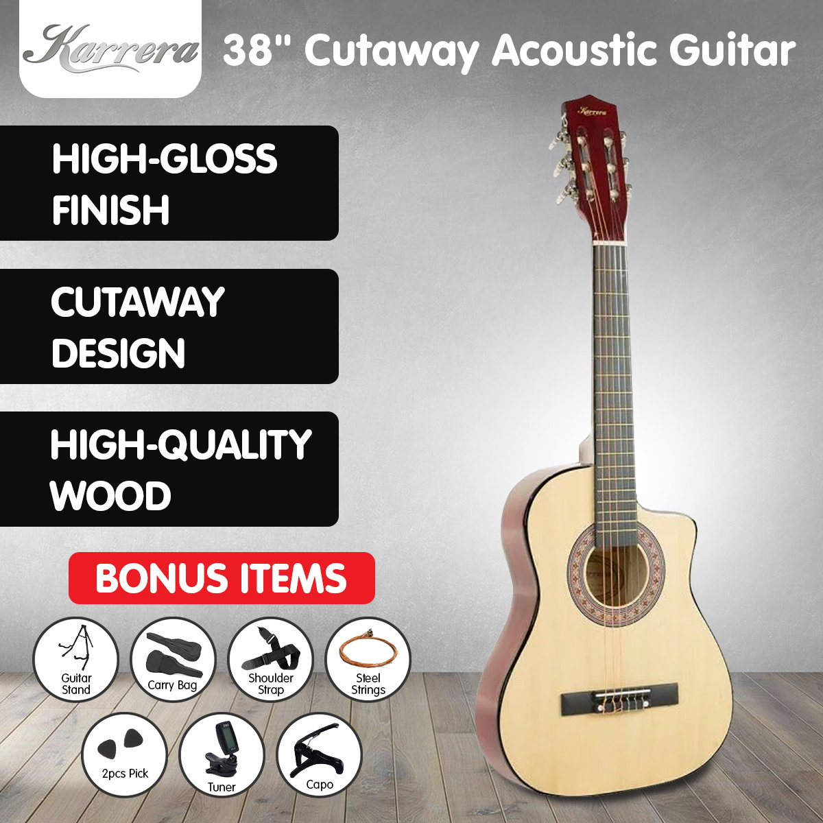 Karrera 38In Pro Cutaway Acoustic Guitar With Bag - Natural