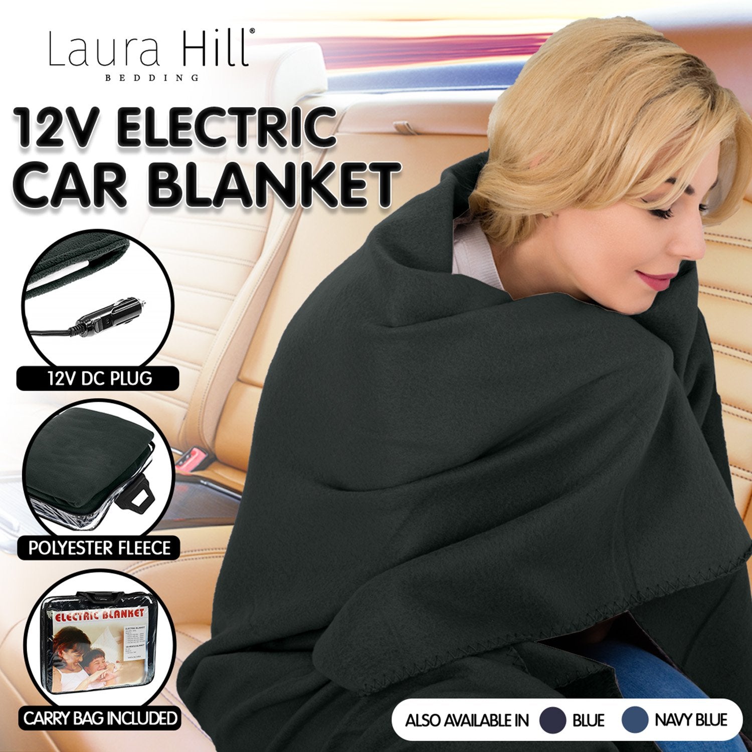 Laura Hill Heated Electric Car Blanket 150X110cm 12V - Black