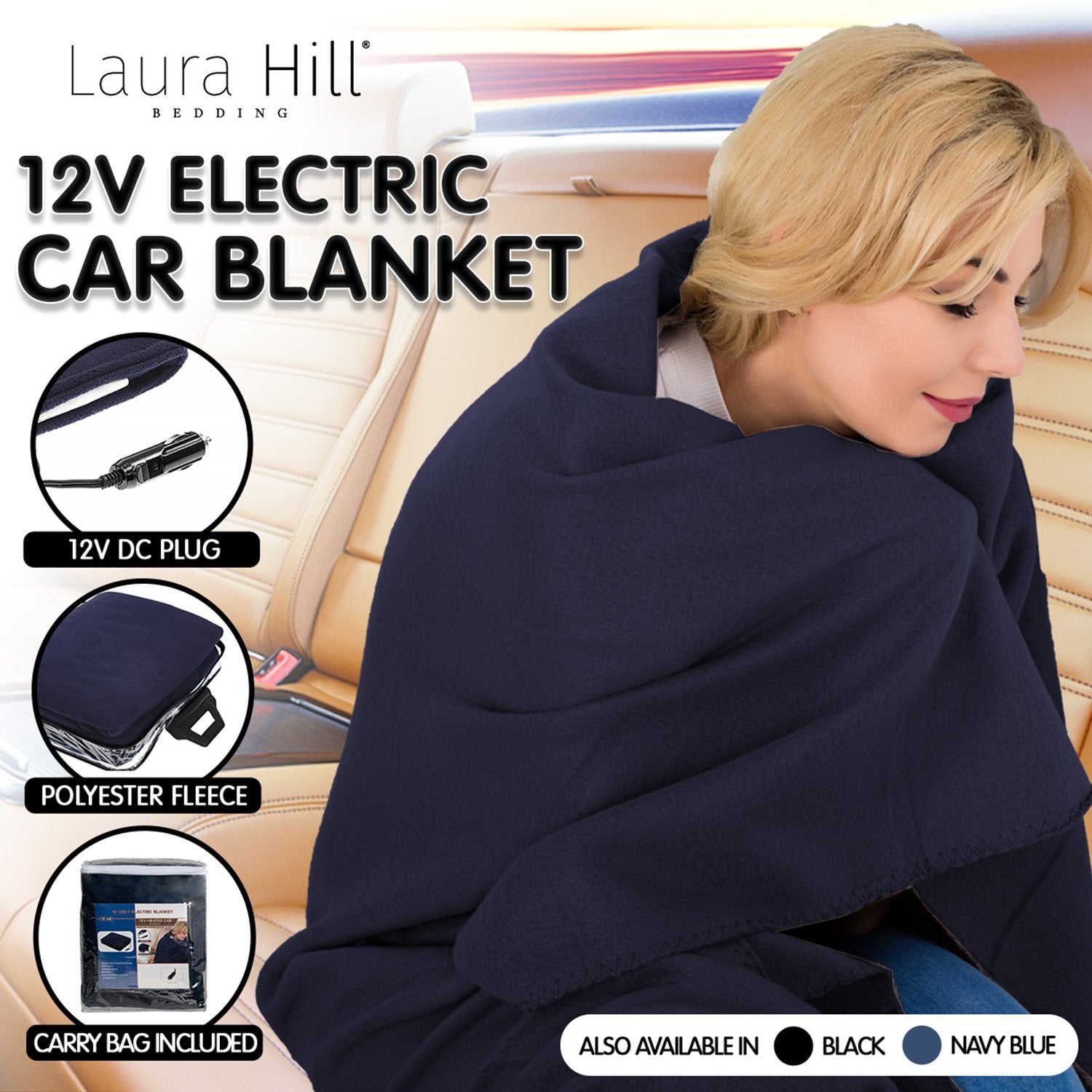 Laura Hill Heated Electric Car Blanket 150X110cm 12V - Blue