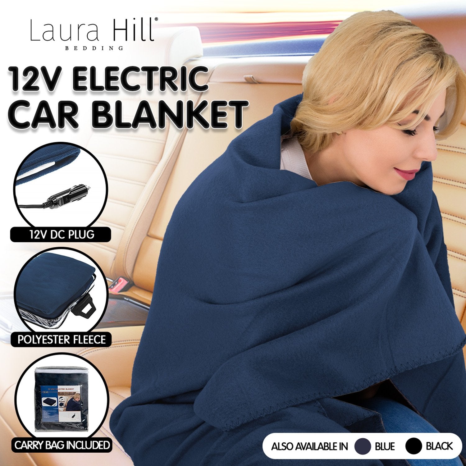 Laura Hill Heated Electric Car Blanket 150X110cm 12V - Navy Blue