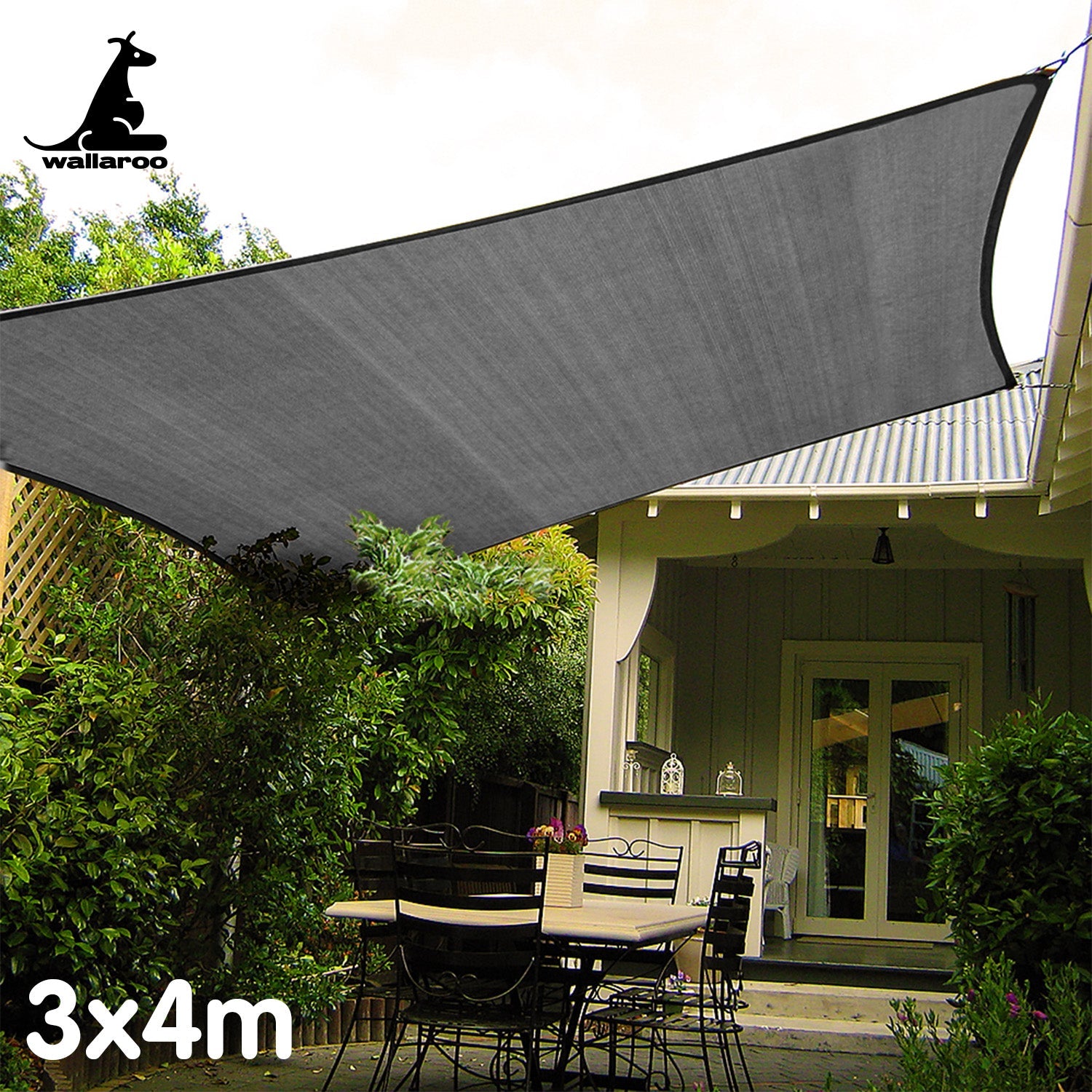 Wallaroo Outdoor Sun Shade Sail Canopy Grey Rectangle 3 X 4M