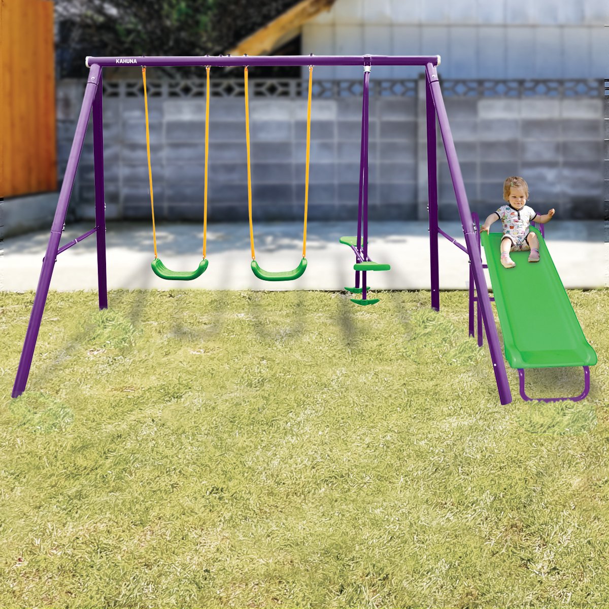 Kahuna Kids 4-Seater Swing Set With Slide Purple Green