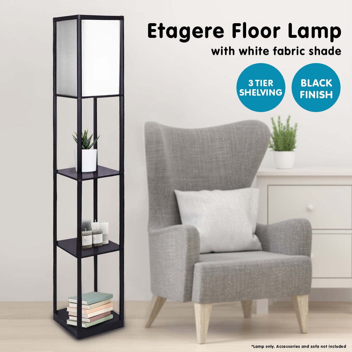 Sarantino Etagere Floor Lamp Shelves In Black Frame Fabric Shade