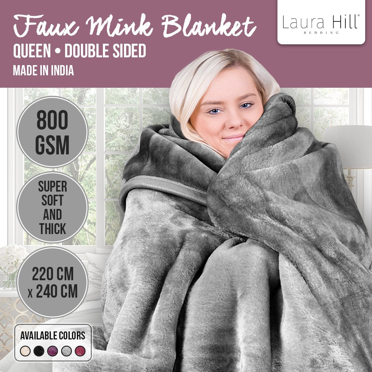 Laura Hill Double-Sided Large 220 X 240Cm Faux Mink Throw Rug Blanket 800-Gsm Heavy Silver