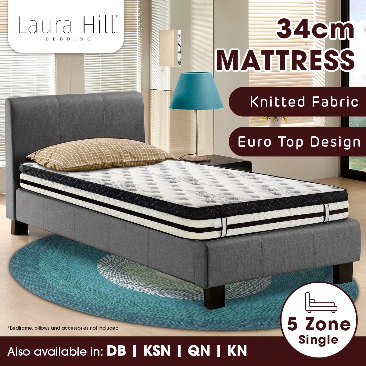 Laura Hill Single Mattress Bed Size Euro Top 5 Zone Spring Foam 34Cm Bedding