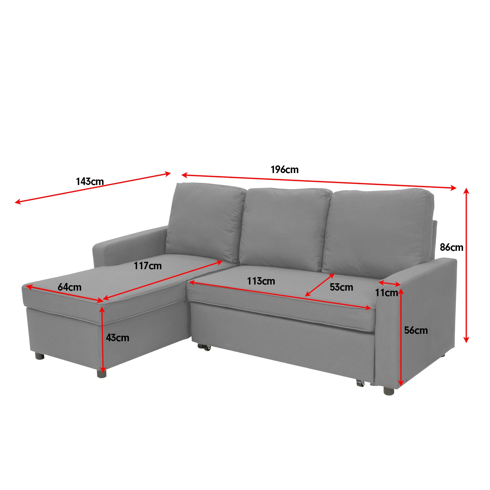 Sarantino3-Seater Corner Sofa Bed With Storage Lounge Chaise Couch Light Grey