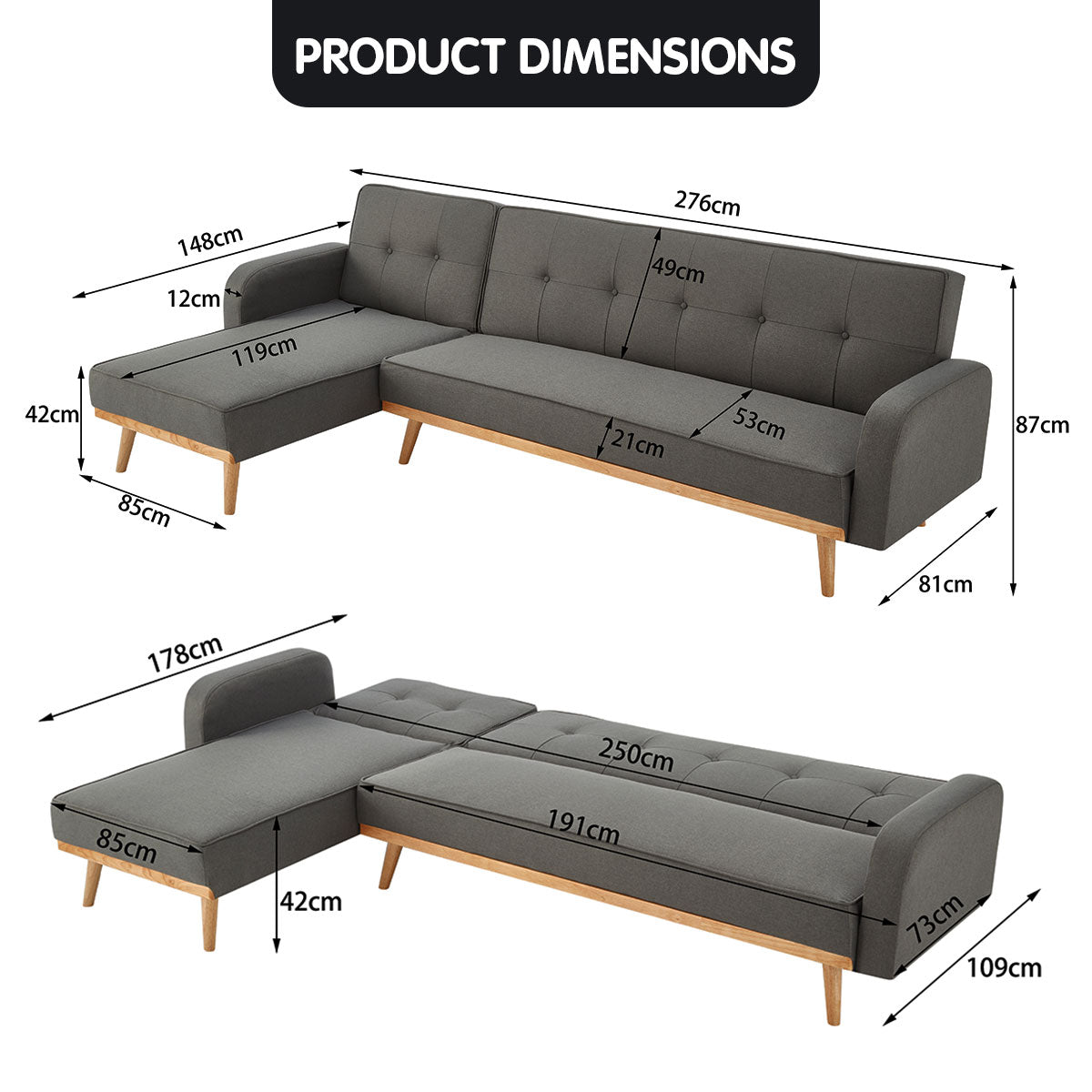 Sarantino 3-Seater Corner Sofa Bed With Chaise Lounge Dark Grey