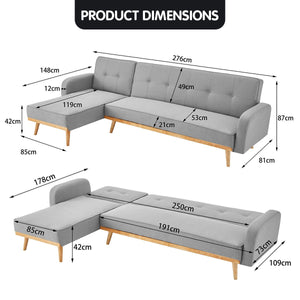 Sarantino 3-Seater Corner Sofa Bed With Chaise Lounge Light Grey