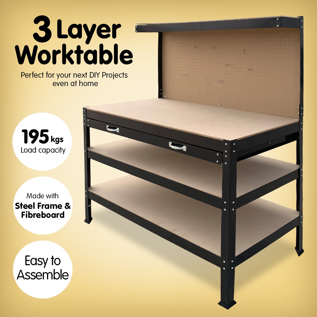 Kartrite 3-Layered Work Bench Garage Storage Table Tool Shop Shelf