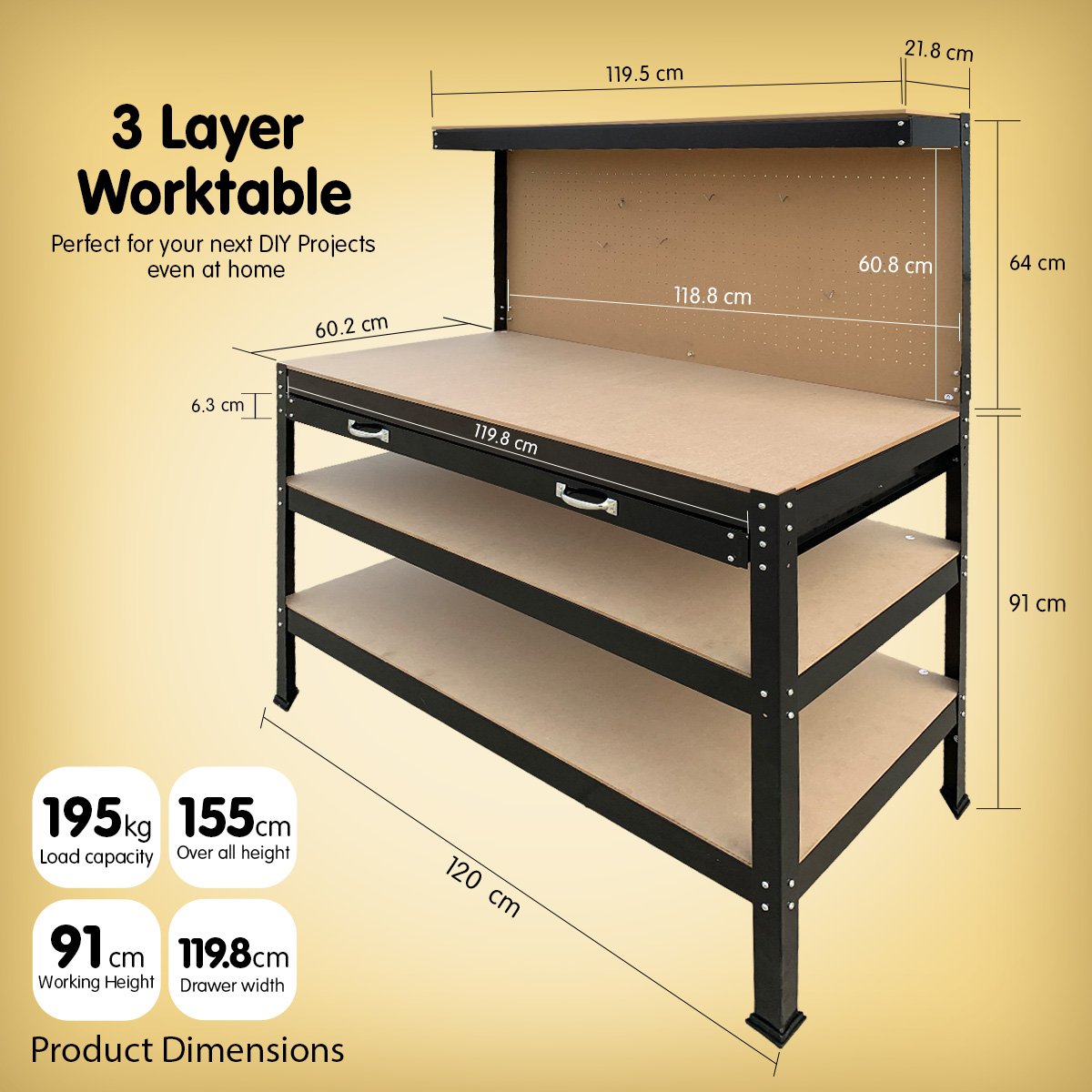 Kartrite 3-Layered Work Bench Garage Storage Table Tool Shop Shelf