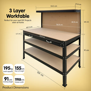 Kartrite 3-Layered Work Bench Garage Storage Table Tool Shop Shelf