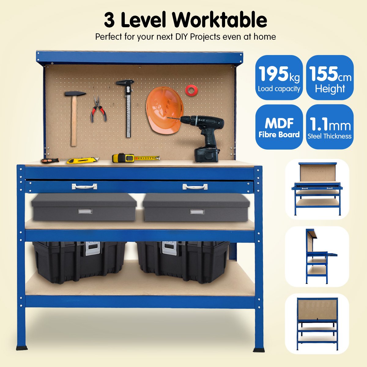 Kartrite 3-Layered Work Bench Garage Storage Table Tool Shop Shelf