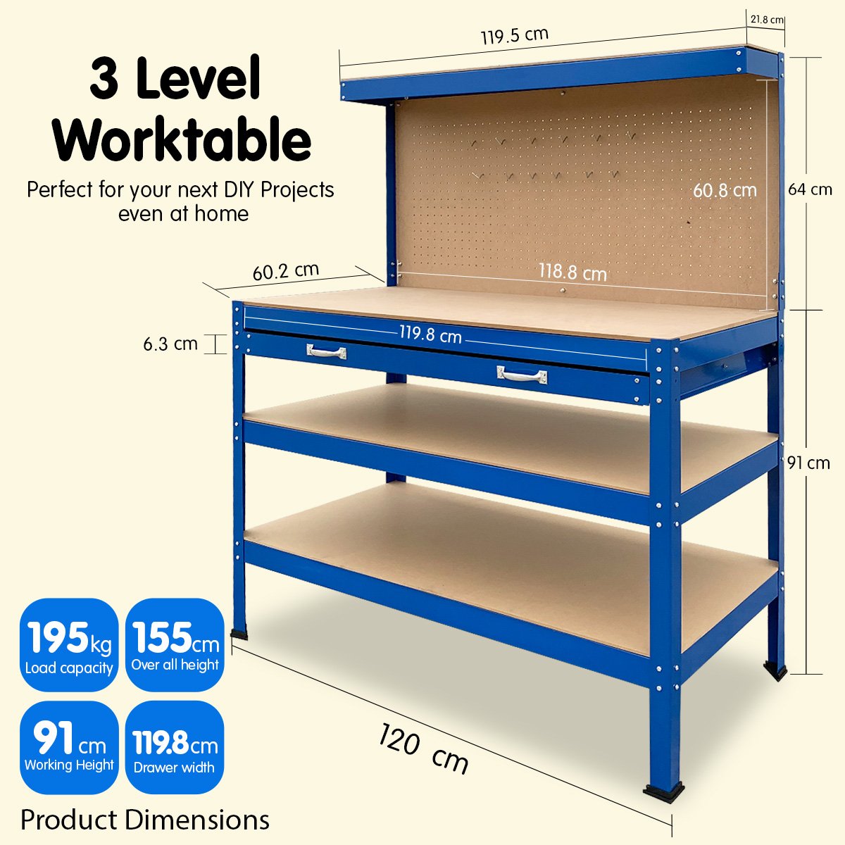 Kartrite 3-Layered Work Bench Garage Storage Table Tool Shop Shelf