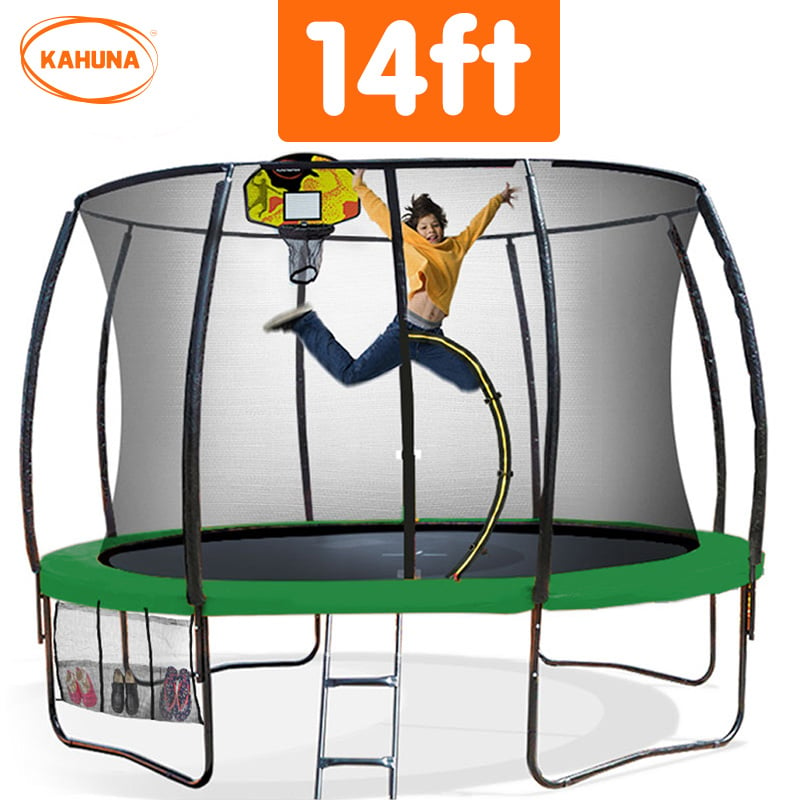 Kahuna 14Ft Outdoor Trampoline Kids Children With Safety Enclosure Pad Mat Ladder Basketball Hoop Set - Green