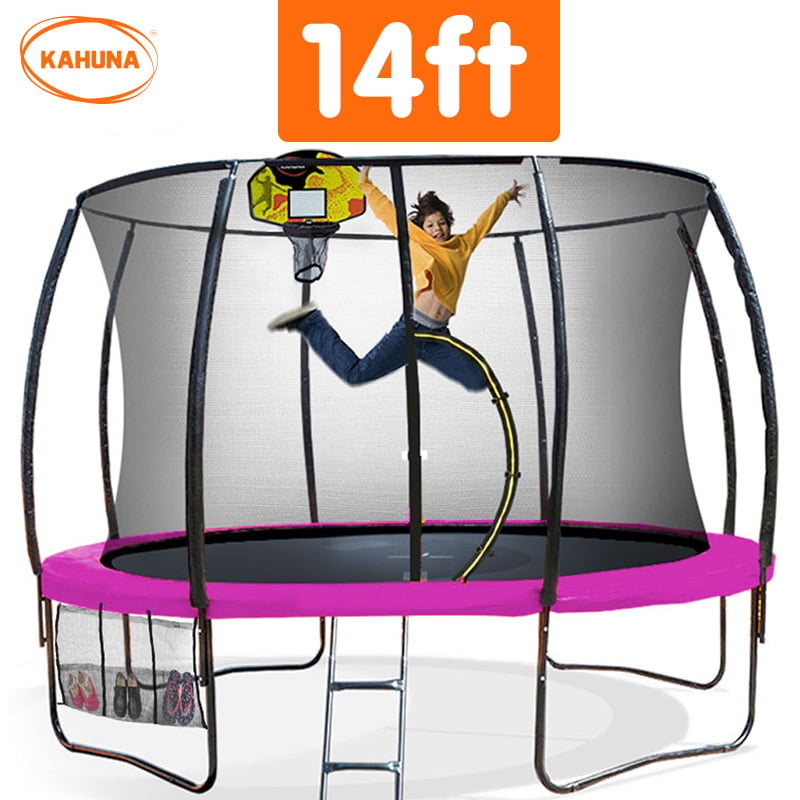 Kahuna 14Ft Outdoor Trampoline Kids Children With Safety Enclosure Pad Mat Ladder Basketball Hoop Set - Pink