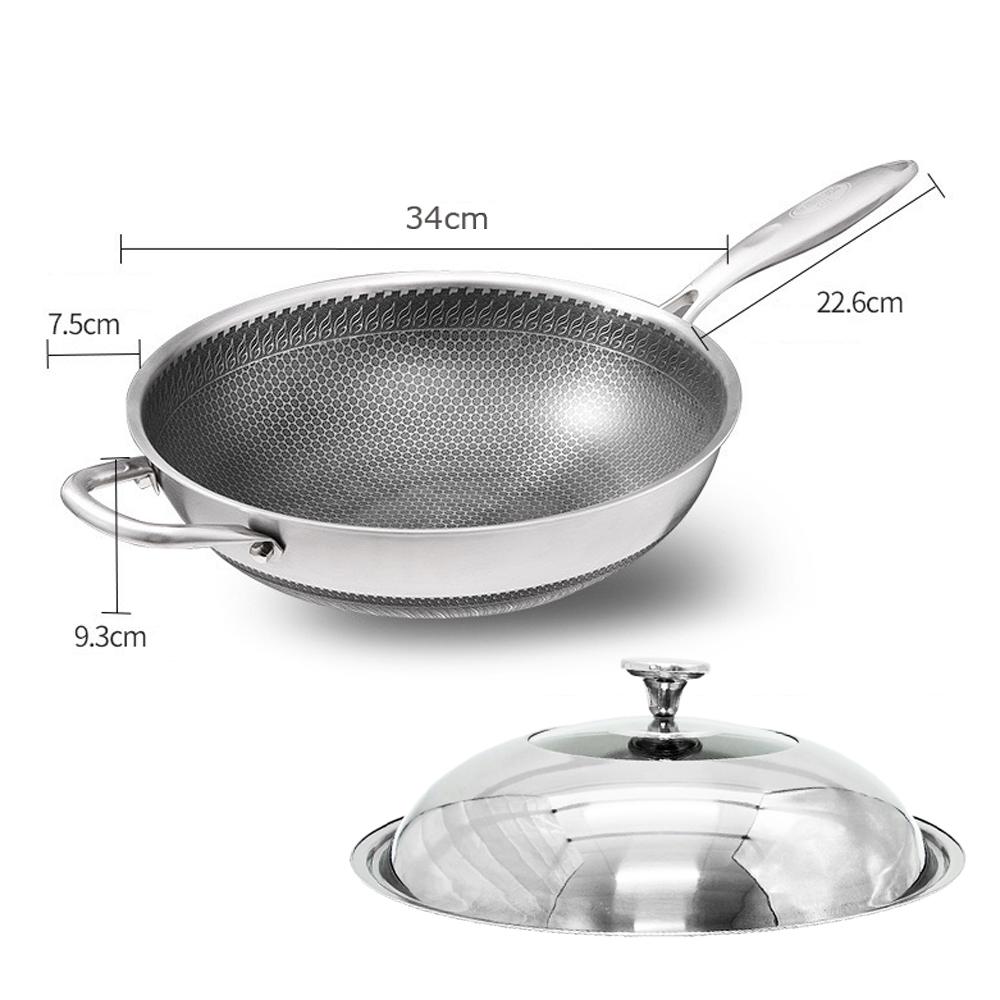 304 Stainless Steel 34Cm Non-Stick Stir Fry Cooking Kitchen Wok Pan With Lid Honeycomb Double Sided