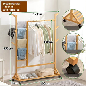 6 Hook Rack Rail Natural Finished Portable Coat Stand Clothes Hat Garment Hanger With Shelf Bamboo