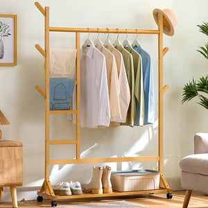 6 Hook Rack Rail Natural Finished Portable Coat Stand Clothes Hat Garment Hanger With Shelf Bamboo