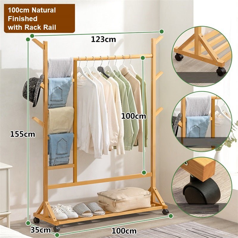 6 Hook Rack Rail Walnut Finished Portable Coat Stand Clothes Hat Garment Hanger With Shelf Bamboo