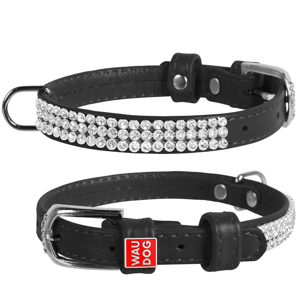 Waudog Leather Dog Collar With Crystals 21-29Cm