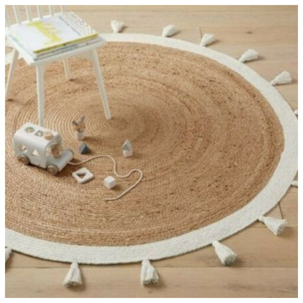 Bohemian Cream & Natural Braided Jute Cotton Round Rug With Tassel 120 X Cm