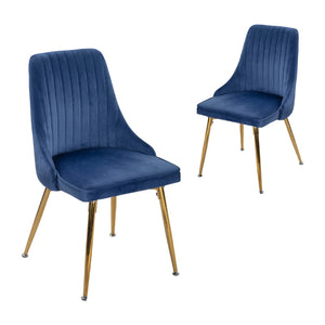 Viva Forever Set Of 2 Blue Velvet Dining Chairs Art Deco Design With Gold Metal Legs