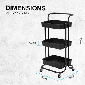 Kandoka 3 Tier Black Trolley Cart Storage Utility Rack Organiser Swivel Kitchen