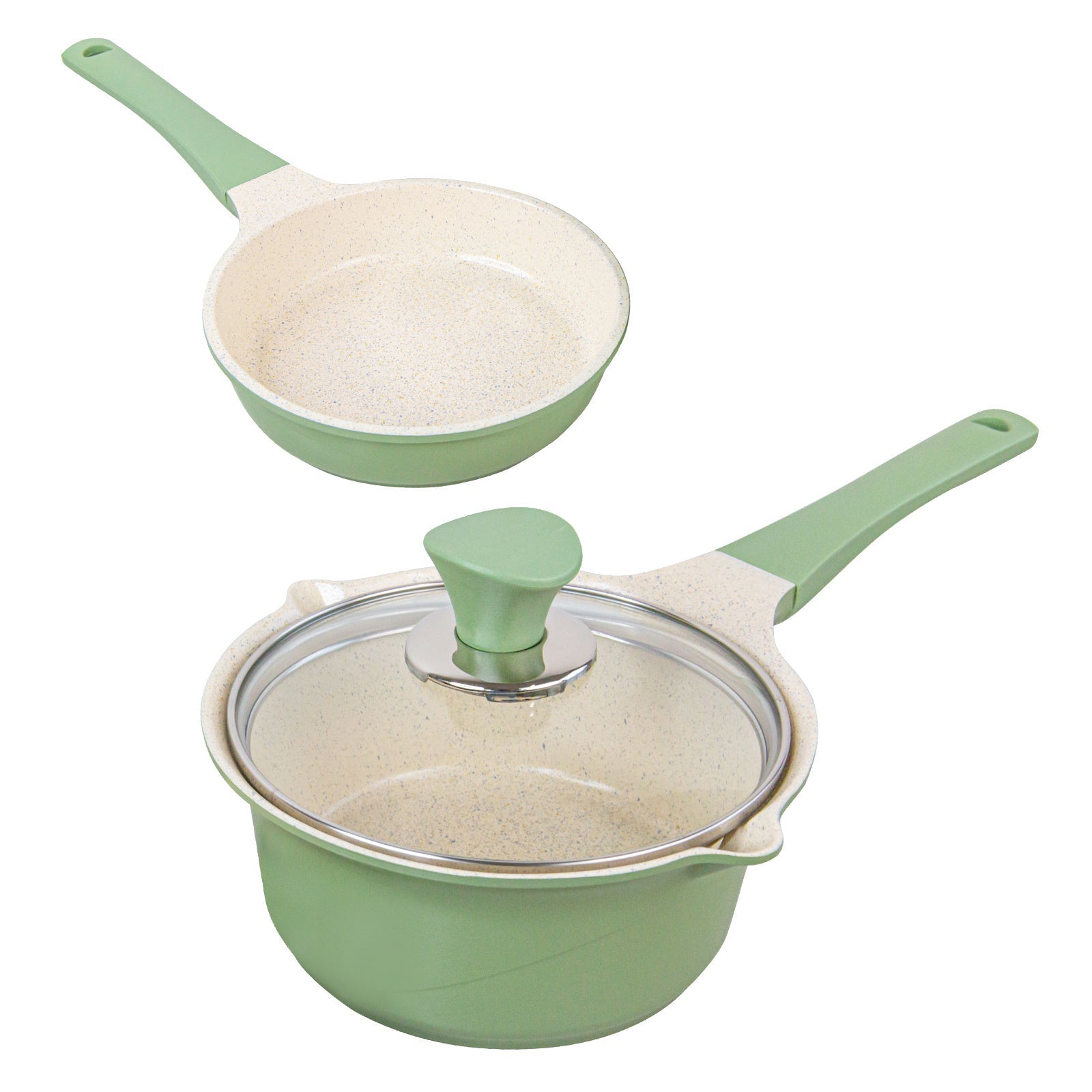 Happy Lambs 16Cm Olive Sauce Pot Frying Pan W/ A Lid Set Non-Stick Stone Induction Ih Frypan