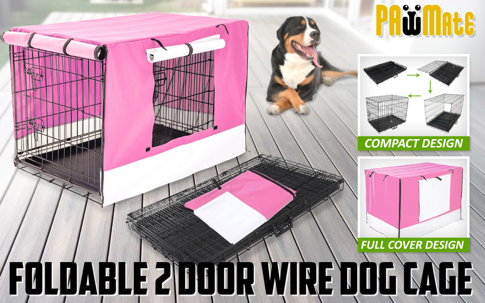 Paw Mate Wire Dog Cage Foldable Crate Kennel 30In With Tray + Pink Cover Combo