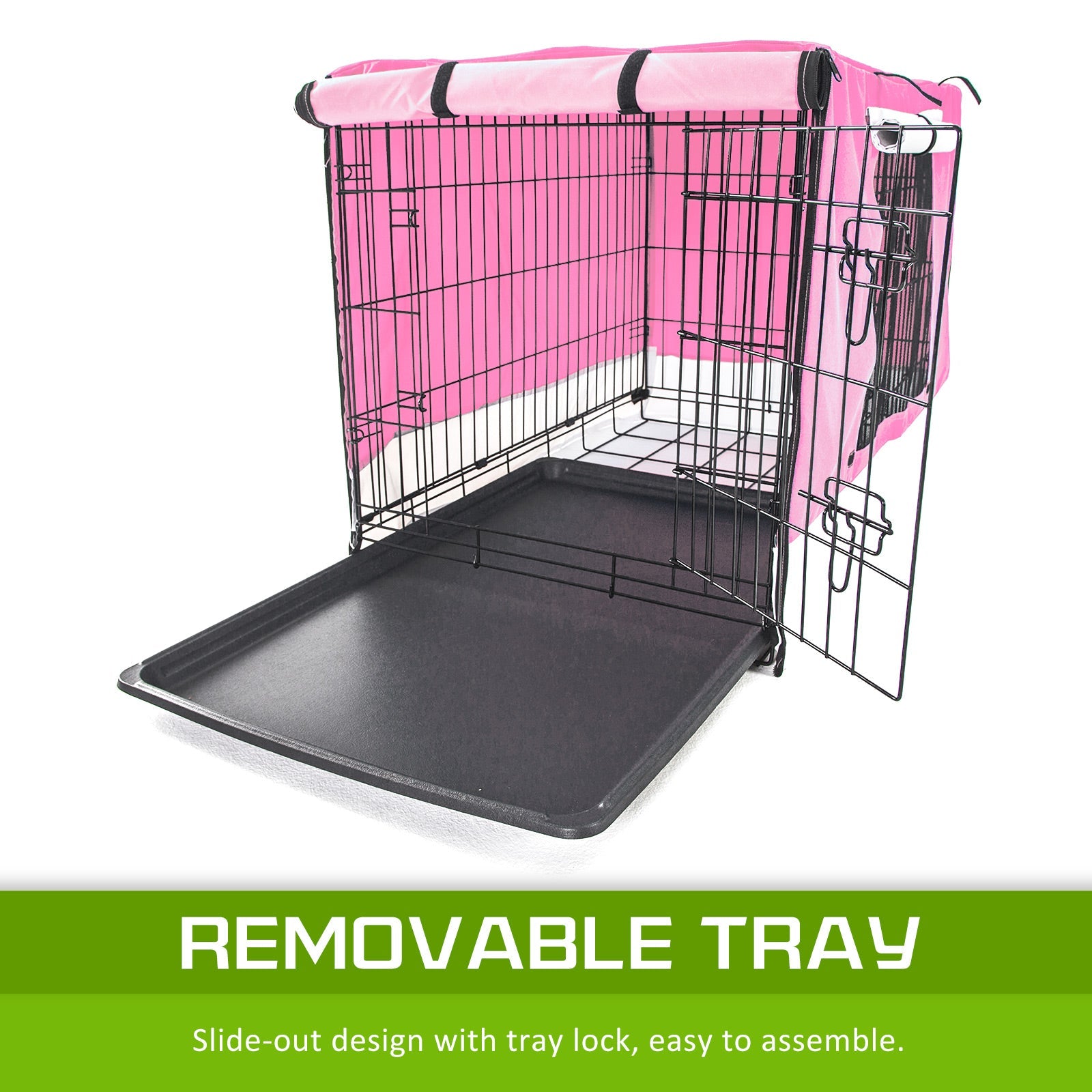 Paw Mate Wire Dog Cage Foldable Crate Kennel 30In With Tray + Pink Cover Combo