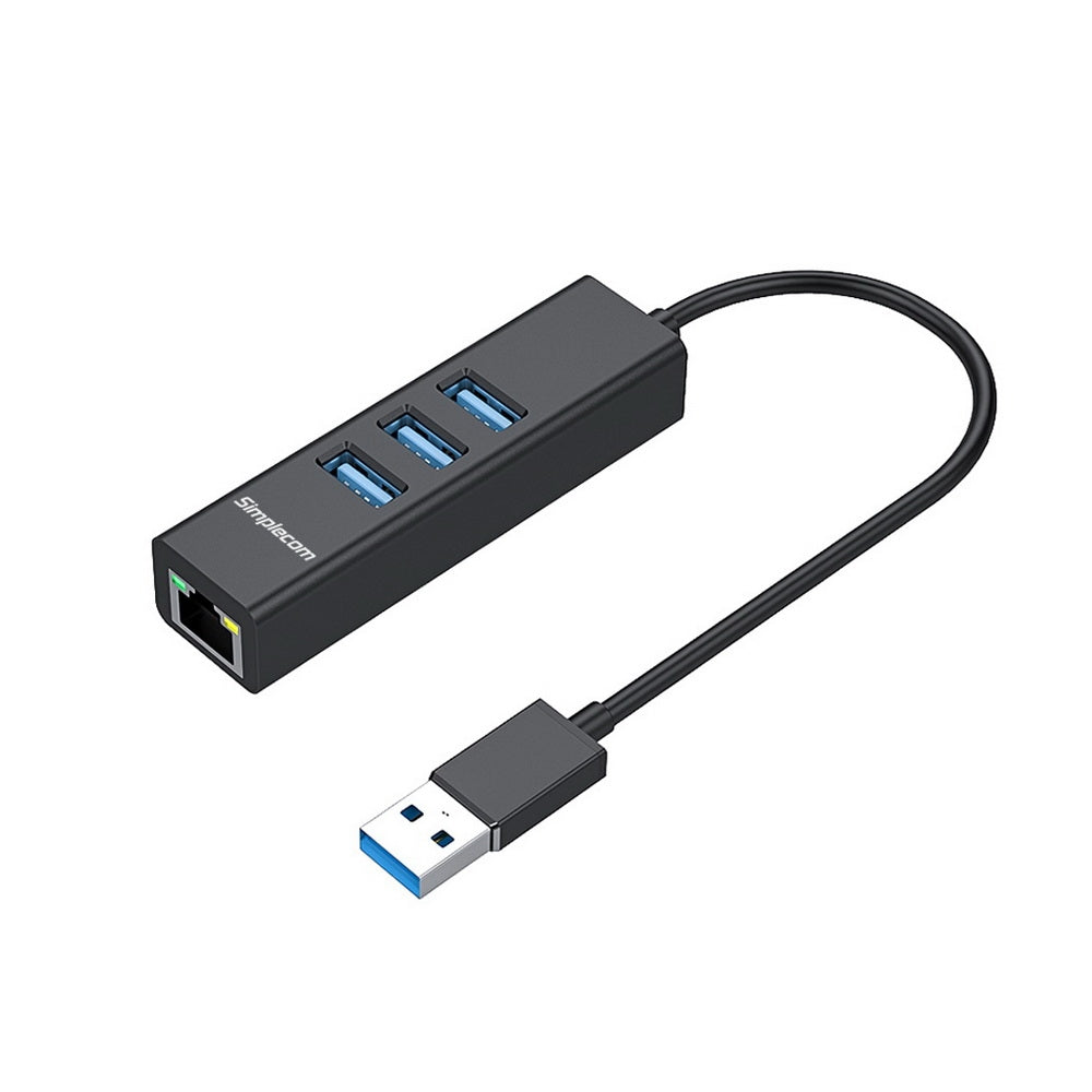 Simplecom Chn420 Aluminium 3 Port Superspeed Usb Hub With Gigabit Ethernet Adapter Black