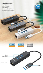 Simplecom Chn420 Aluminium 3 Port Superspeed Usb Hub With Gigabit Ethernet Adapter Black