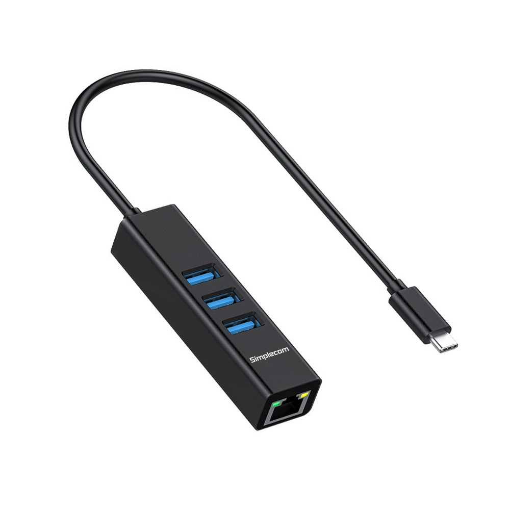 Simplecom Chn421 Aluminium Usb-C To 3 Port Hub With Gigabit Ethernet Adapter Black