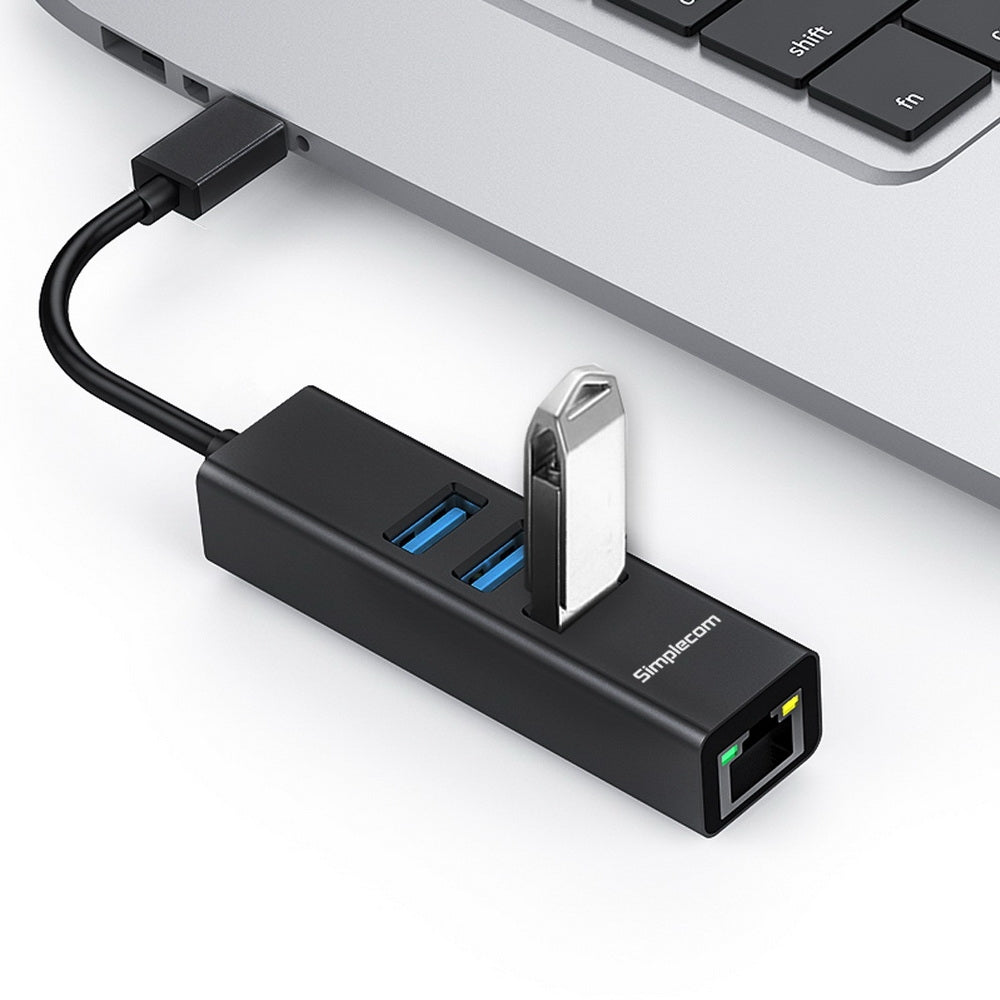 Simplecom Chn421 Aluminium Usb-C To 3 Port Hub With Gigabit Ethernet Adapter Black