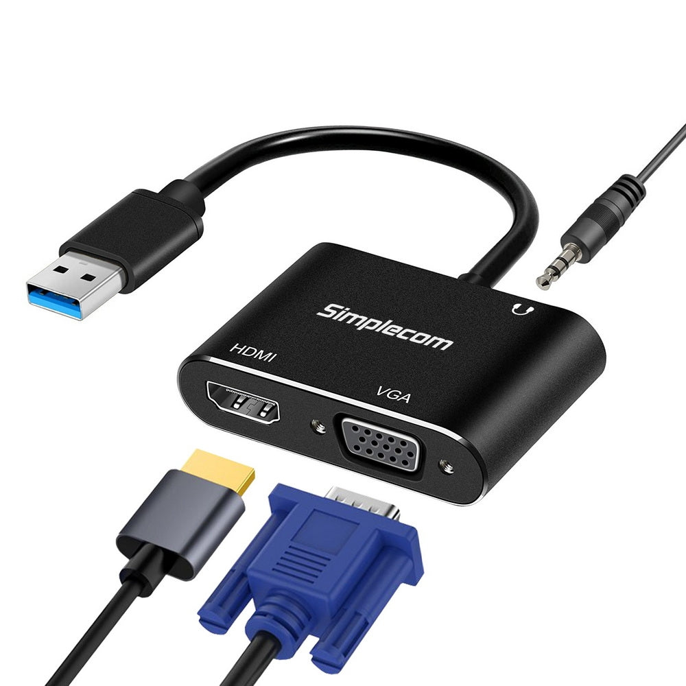 Simplecom Da316a Usb To Hdmi + Vga Video Card Adapter With 3.5Mm Audio