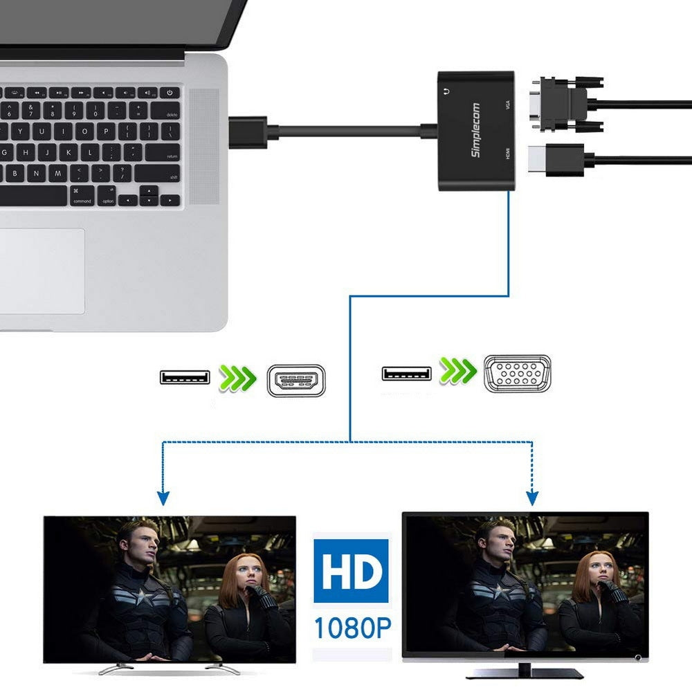 Simplecom Da316a Usb To Hdmi + Vga Video Card Adapter With 3.5Mm Audio